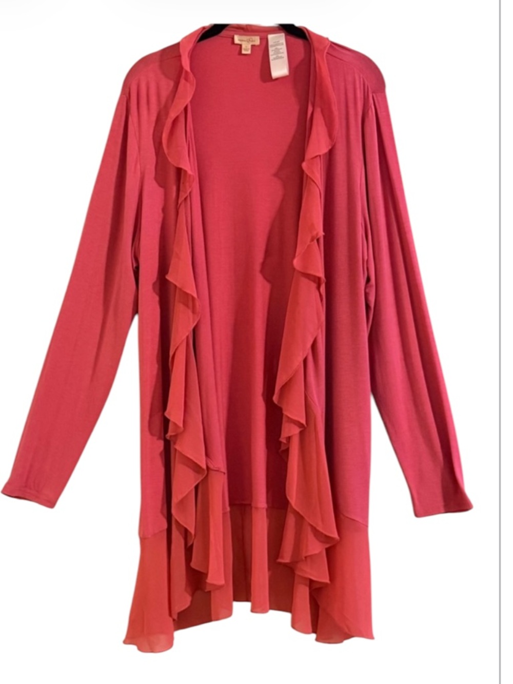 Rhonda Shear Pink Coral Ruffled Trim Open Front Sheer Cardigan L